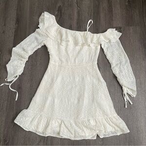 Astr Cream Off-Shoulder Eyelet Mini Dress